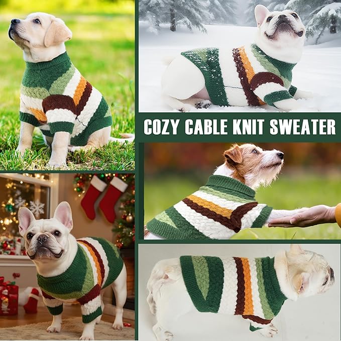 Dog Sweater, Classic Turtleneck Knitted Striped Dog Sweaters, Warm Sweater for Winter, Soft Christmas Sweaters for Boy Girl, Dogs Clothes for Small/Medium Cats, Doggys (Green, Large)