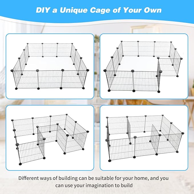 Pet Playpen with Mat, Small Animal Cage with Mat, Guinea Pig Cages, Puppy Pen for Indoors with Colorful Mat, 12 Panels Interior Metal Wire Yard Fence