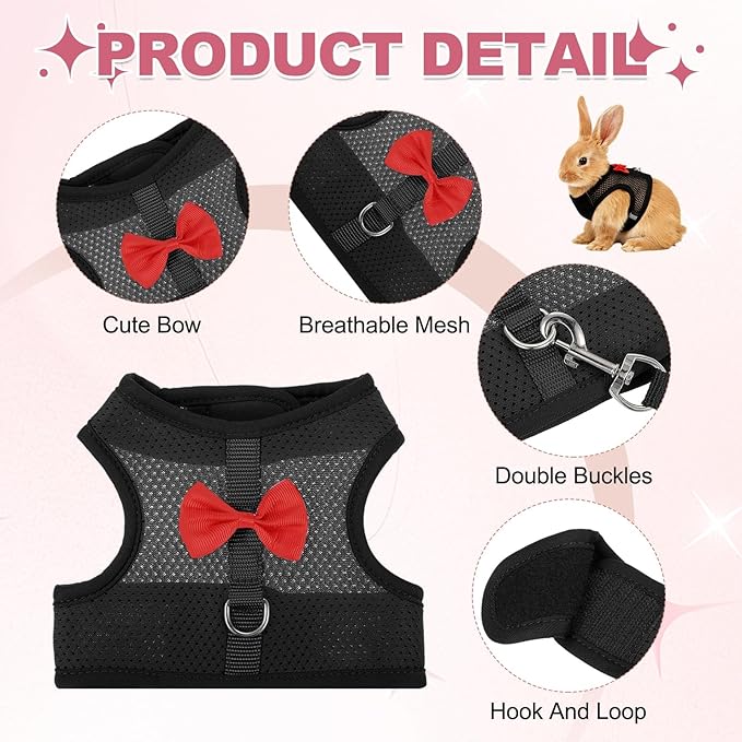 Rabbit Harness and Leash, Small Pet Cute Vest Harness Leash Soft Adjustable Buckle Breathable Mesh (L, Black) for Bunny Kitten Small Pig Puppies Camping Hiking Training