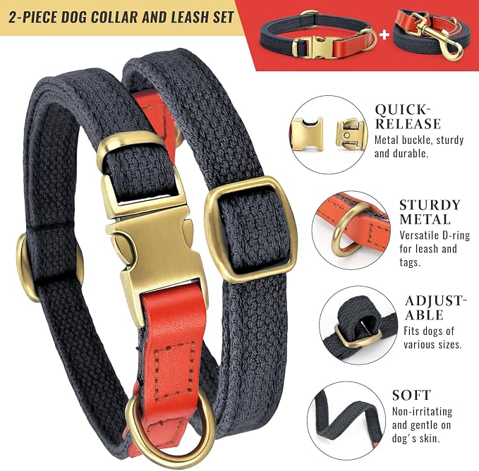 Dog Collar and Leash Set with Metal Quick Release Buckle, Adjustable, Breathable Nylon, Durable, Soft and Comfortable, No Pull for Walking and Training, Blue-Black, M (12.6"-19.6")