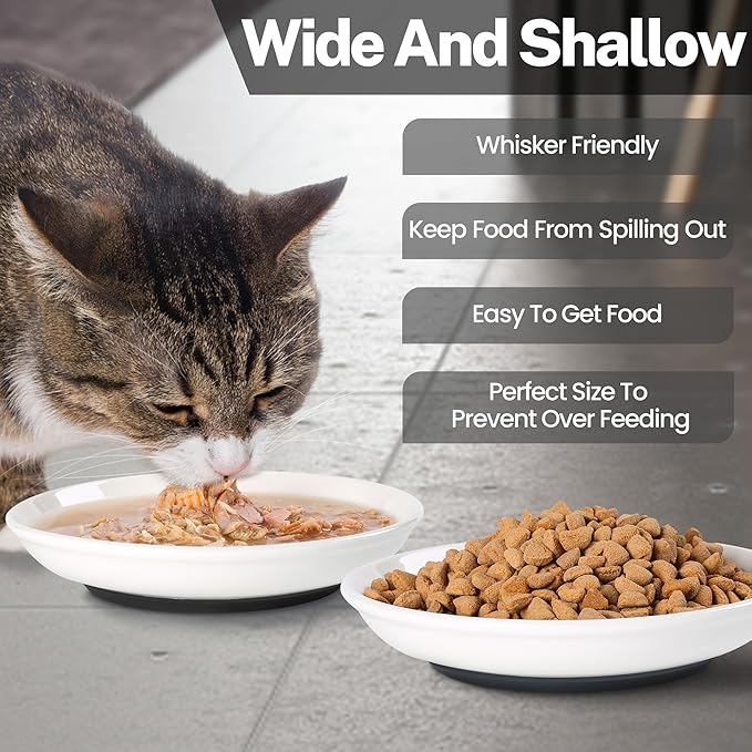 Cat Food Bowls, Whisker Friendly Ceramic Cats Bowls with Nonslip Silicone Base, Pack of 6 Quiet Dishes and Plates for Feeding Indoor Cats, Kittens and Small Dogs(Fishbone+Cat Paw,Shallower)