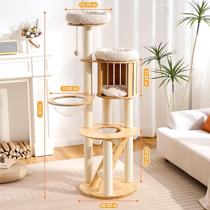 HITTITE Solid Wood Cat Tree Tower with Scratching Post, 61 Inches Tall Cat Towers with Capsule and Condo, Modern Cat Tower with Climbing Ladder and Removable Top Bed for Indoor Cats.