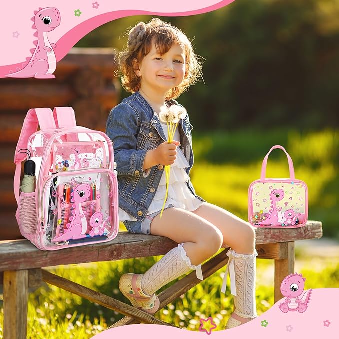 Kacctyen 3 Pcs Clear Backpack Heavy Duty Clear Stadium Bag Transparent Backpack with Lunch Bag(Pink,Dinosaur)