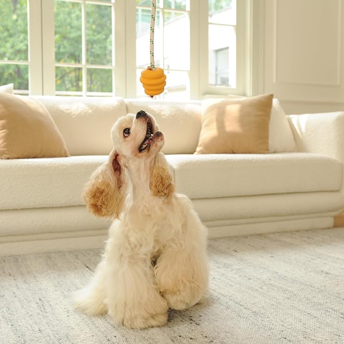 Green Sheep Tug & Enrichment Dog Toy, Interactive Rope Ball Toy with Removable Cotton Rope, Treat Dispensing Natural Rubber Dental Chew Toy for Medium and Large Dogs, Yellow