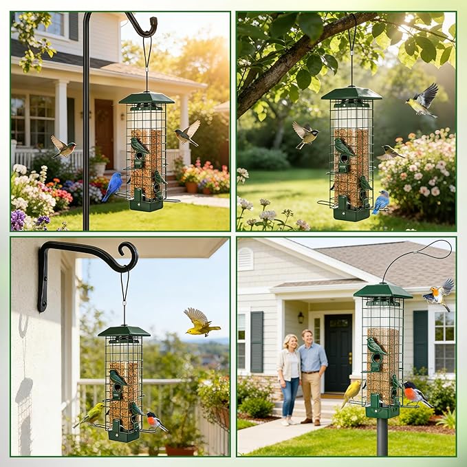 Gbekery Squirrel Proof Bird Feeder, Metal Mesh Feeders for Outdoors Hanging, Gravity Protection Wild Bird Feeders for Finch Chickadee, Weather Resistant, 3LB Large Capacity, Green