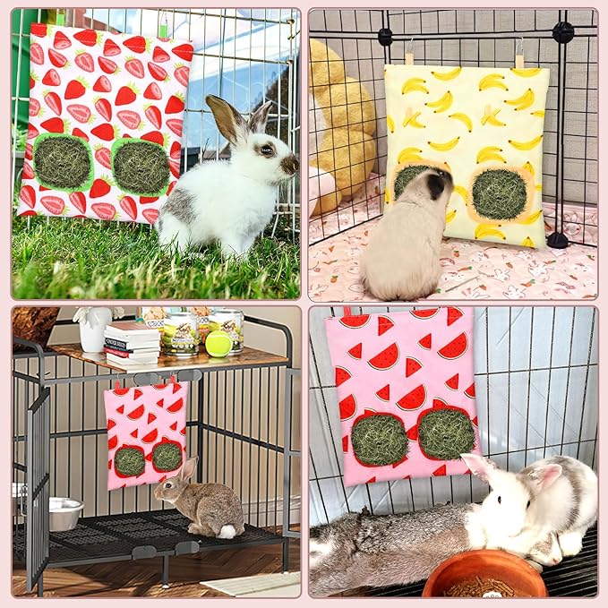 UPINS 3 Hay Bag for Rabbits 2-Hole Hanging Hay Feeder Guinea Pig Hay Bags, Hay Feeder for Rabbits Chinchillas Hamsters Small Pets and Animals(Fruit Pattern)