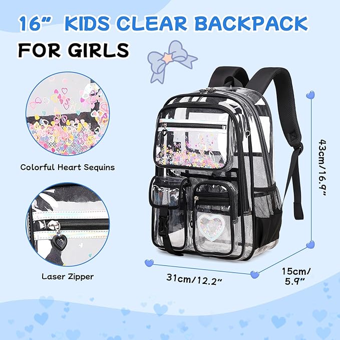 MOONBABY Clear Backpack for Girls, Clear Bookbag Heavy Duty Transparent Backpack for Stadium Events, See Through Back Pack for Kindergarten Elementary Middle High School, Black