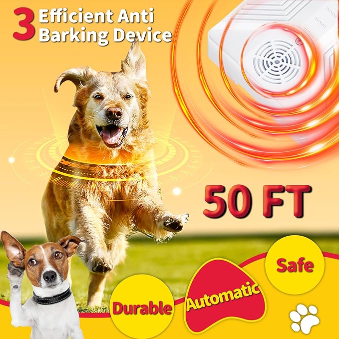 Anti Barking Device for Dogs, Rechargeable Ultrasonic Dog Barking Deterrent Devices with 3 Modes, 50Ft Waterproof Barking Dog Deterrent Bark Box for Outdoor & Indoor, Safe Barking Silencer for Dogs