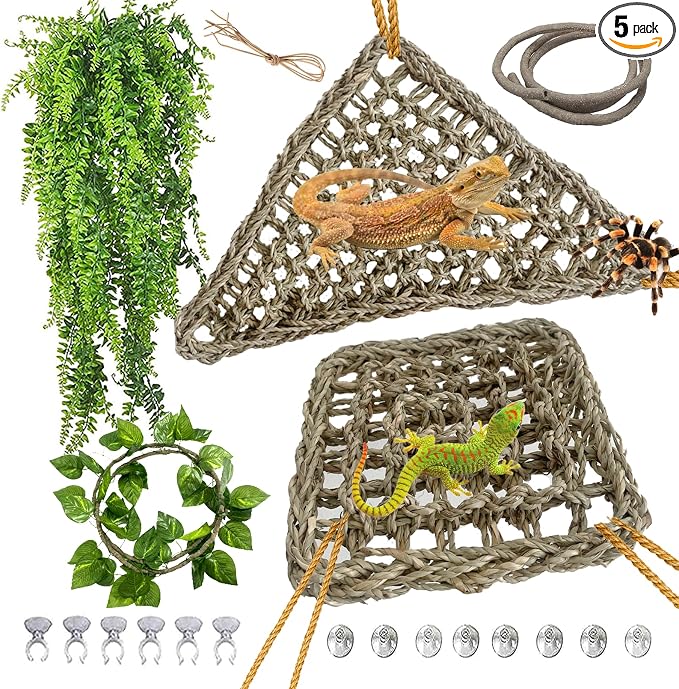 kathson Bearded Dragon Hammock,Lizard Lounger Reptile Tank Hanging Plants Climbing Jungle Vines Flexible Leaves Decorations for Lizards Chameleon Gecko Snakes(5 PCS)
