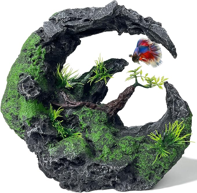 Aquarium Decor - Large Moon Shaped Cave Ornament for Fish Tank, Aquarium Hideout with Rock Texture for Betta, Guppy, Shrimp - Safe Aquatic Decoration,Fish Hiding House (Moon Valley)