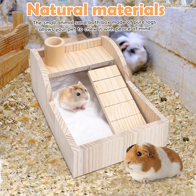 PINVNBY Hamster Sand Bath Box Wooden Shower Room Digging Sand Bathtub Container with Climbing Ladder Bowl Bathroom for Dwarf Syrian Mice Mouse Gerbils and Other Small Animals
