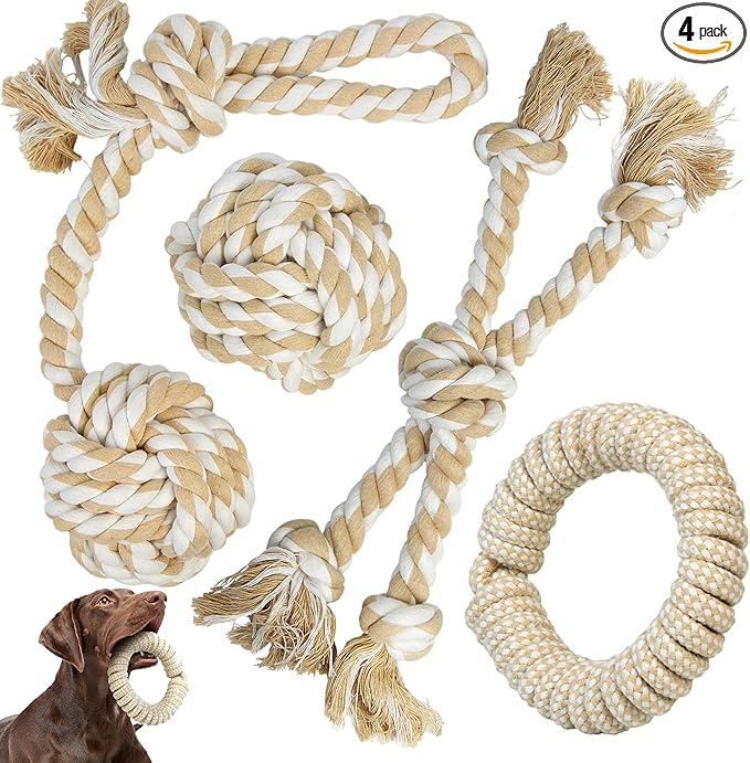TwoEar Dog Rope Toy 4 Pack - Dog Rope Toys for Large Dogs - Indestructible Natural Cotton Chew Toys for Aggressive Chewers - Tough Tug of War Dog Toys for Boredom, Teeth Clean