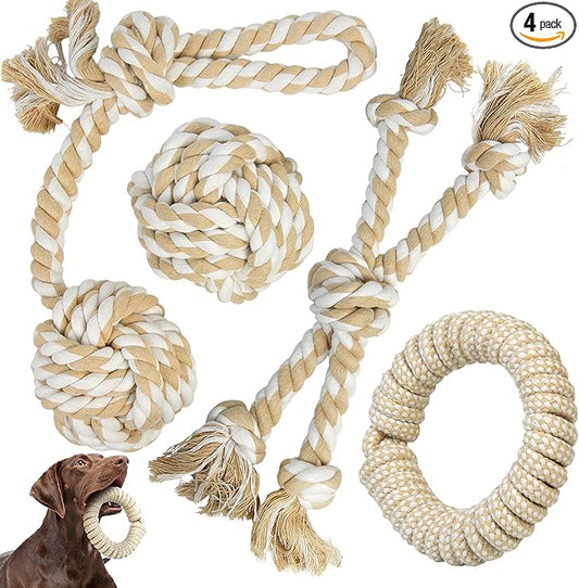 TwoEar Dog Rope Toy 4 Pack - Dog Rope Toys for Large Dogs - Indestructible Natural Cotton Chew Toys for Aggressive Chewers - Tough Tug of War Dog Toys for Boredom, Teeth Clean