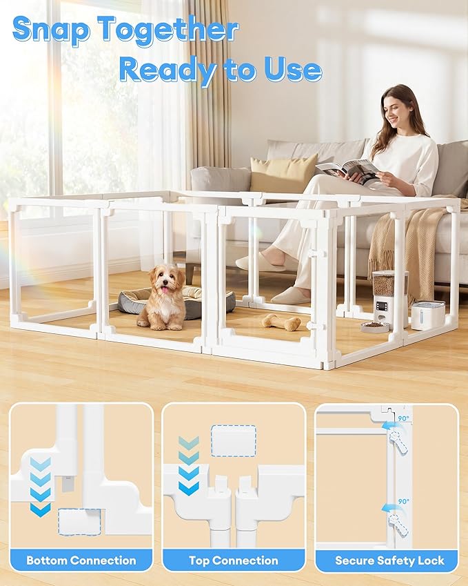Clear Acrylic Dog Playpen Indoor,Tool-Free Assembly & Easy Clean,24 in Puppy Playpen with Door for Small Dogs/Cats/Rabbits/Pigs/Ferret,Indoor and Outdoor Use,10 Panels(White)