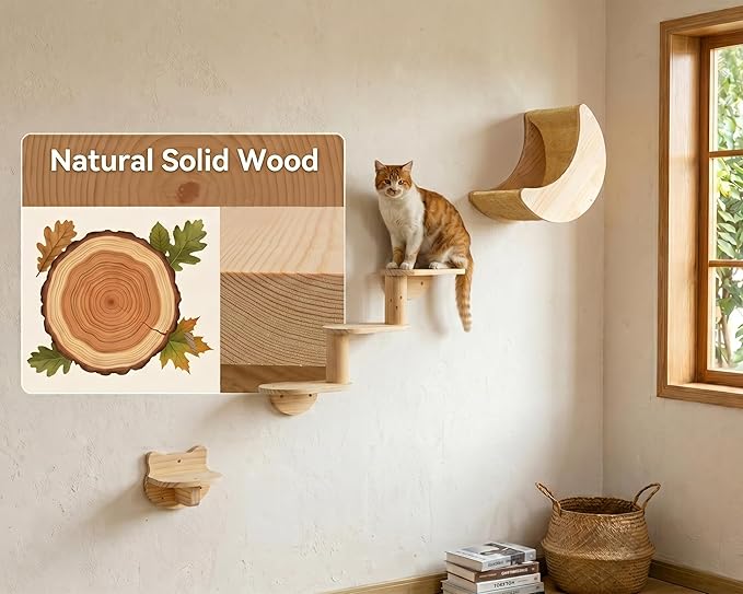 Cat Shelf for Wall Mount Hammock with 3-Levels Climbing Ladder and Shelves Moon Cats Wall Furniture for Activity Indoor Kitty (3-Levels Steps)