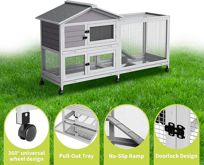 GarveeTech 63" 2-Story Wooden Rabbit Hutch Indoor, Large Bunny Cage Outdoor with 6 Lockable Wheels, Pull-Out Tray & Weatherproof Roof, Small Animal Cage for Rabbit Guinea Pig Chicken Duck, Grey