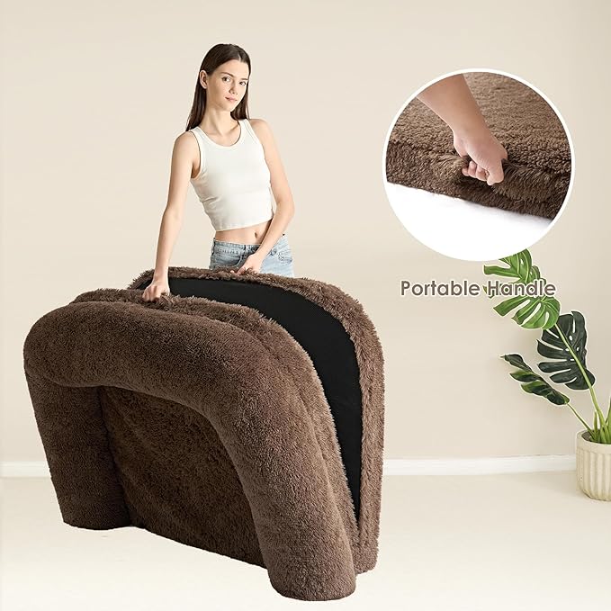 EHEYCIGA Foldable XXL Dog Bed for Large Sized Dog, 54"x38"x7.5" Faux Fur Fluffy Pet Couch Bed, Orthopedic Calming Memory Foam Big Pet Bed, Washable Pet Sofa Bed with Non-Slip Bottom, Brown