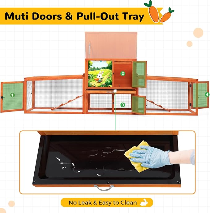 COZIWOW 82” Extra Large Fashion Wooden Outdoor Rabbit Hutch Bunny Cage Indoor Easy to Assemble and Durable with Cleaning Tray & Waterproof Roof for Small & Medium Bunny Rabbit Duck Chick (Orange)