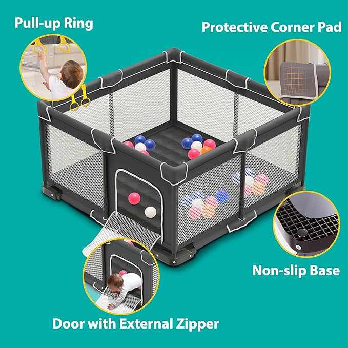 ICAREWAY Foldable Playpen for Babies and Toddlers, 50x50 Inches Portable Playpen, Kids Collapsible Play Pen with 2 Handlers, Indoor & Outdoor Baby Fence Play Area with Visible Mesh, Dark Gray