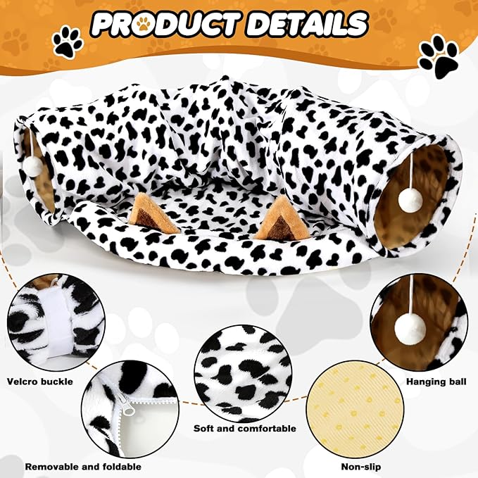Spardar Bunny Tunnel Bed, 2-in-1 Collapsible Tunnel Tubes Toys, Washable, with Removable Mat Hideout, Interactive Toys for Rabbits Chinchilla Hedgehog Guinea Pigs Kitty, Cow