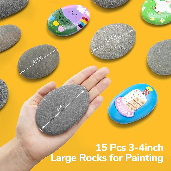 Simetufy 15Pcs Rocks for Painting, Large 3-4 Inch Natural River Stones, | Smooth Paintable Flat Rock for Adults, Children, Kindness Rocks Garden Decoration for DIY, Art & Crafts
