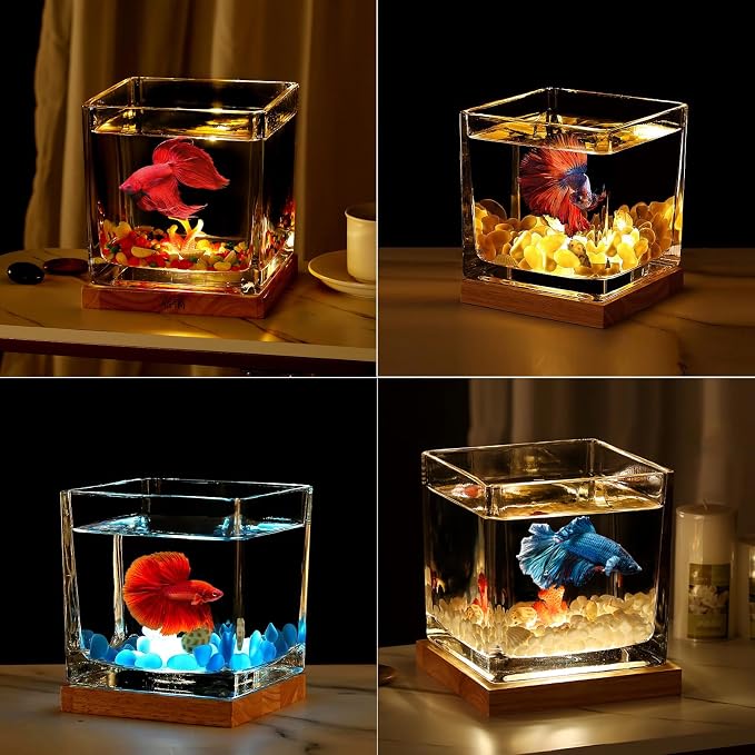 SARUFO 0.81Gallon Fish Tank Kit Desk Aquarium Set Small Glass for Kids Beginner Square Betta Fish Bowl with Wooden Base LED Light Water Pump Accessories Self-Cleaning Filter Copyright Patent