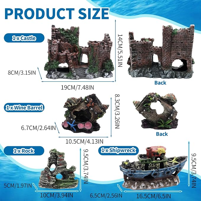 16 Pieces Large Fish Tank Decorations Kit Resin Aquarium Castle | Broken Barrel Hideout Rock Cave Fish Tank Decor Artificial Plastic Plant Ornaments Accessories