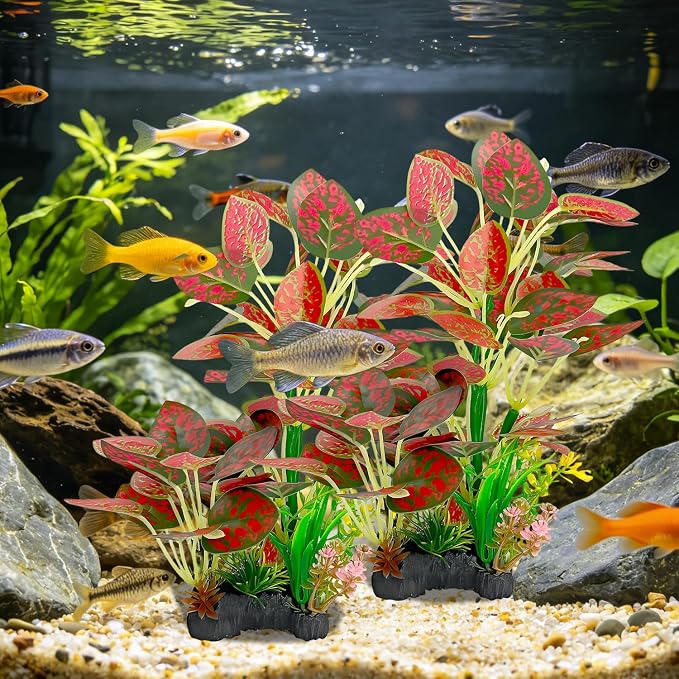 Silk Aquarium Plants (2-Pack), 9.8-inch Artificial Aquarium Silk Plants | Simulated Fish Habitat Decor, Safe Silk Plants for Aquariums Fish fishbowl (Red)