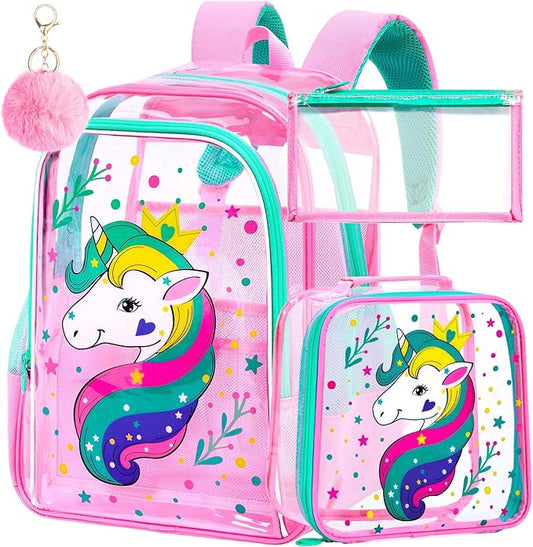 AGSDON 3PCS Clear Backpack for Girls, Kids Unicorn Transparent Backpack with Heavy Duty PVC, See Through Backpacks with Lunch Bag- Pink Unicorn