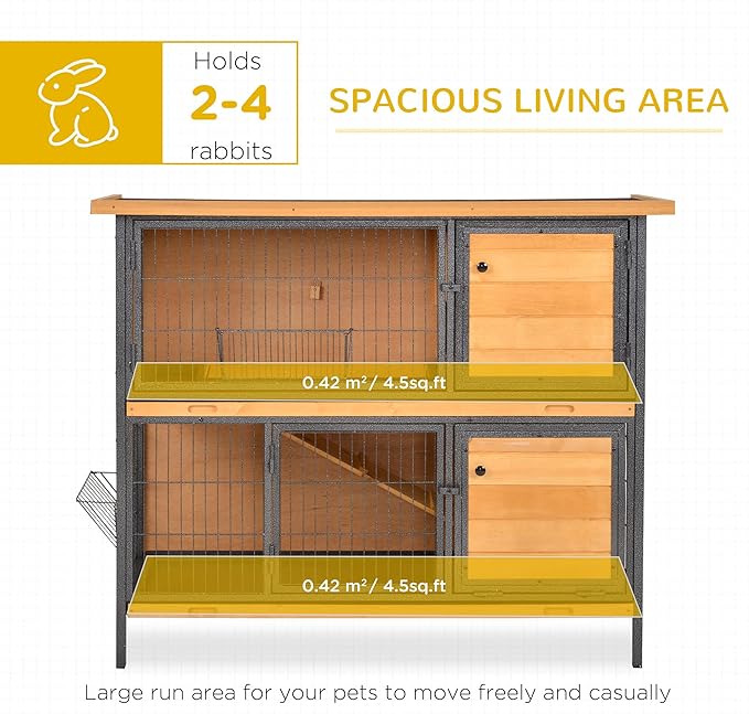 PawHut 48" 2-Story Large Rabbit Hutch Bunny Cage Wooden Pet House Metal Frame with Rooms, Ramp, No Leak Tray, Feeding Trough, Waterproof Asphalt Roof for Rabbits, Chickens, Ducks, Outdoor/Indoor