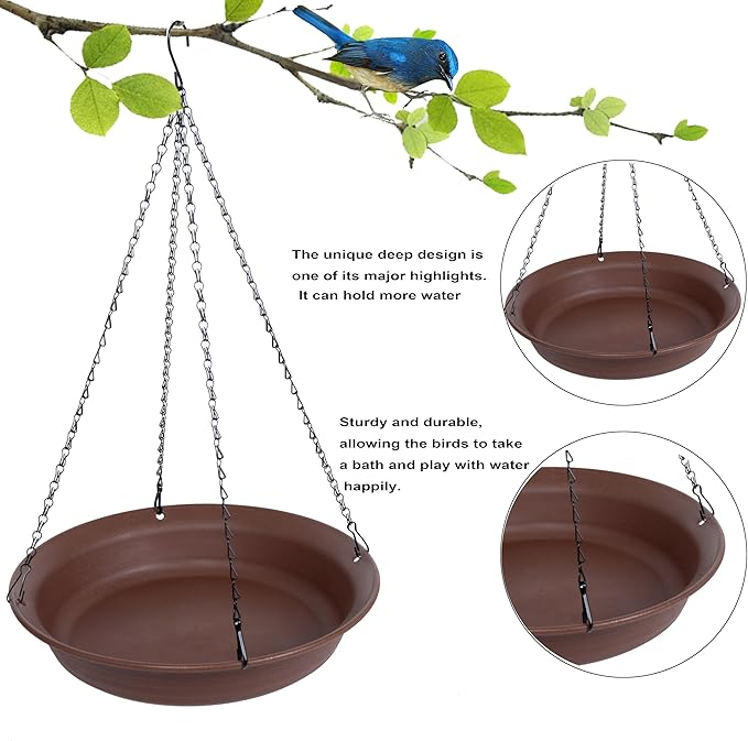 VUWEZ Hanging Bird Bath, Hanging Bird Water Feeder for Outdoors, Feeder Bowl, 1 Pack Birdbath Tray Accessories for Outside, Plastic Birdbaths Tray for Garden Patio Decoration (14", Chocolate)