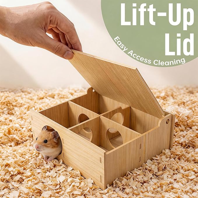 Hamster Tunnel Hideout Wooden House with Flip Cover, Small Pet Hamster Hideout Play Tunnel for Hamsters Mice Gerbils, Natural Wood Hamster House for Cage Explore Hide Rest