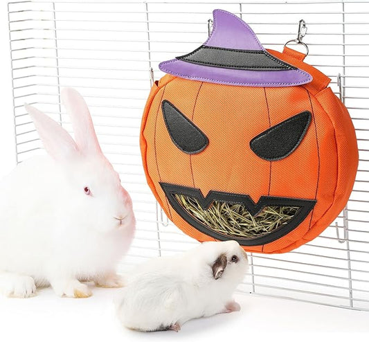 JanYoo Rabbit Hay Feeder Halloween Guinea Pig Accessories Hay Bag Hanging Rack for Small Animal Chinchilla(Pumpkin)