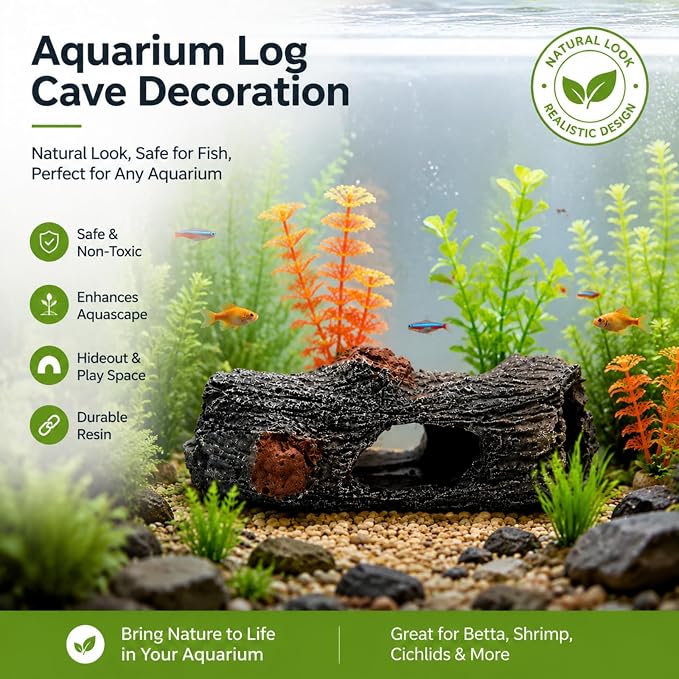 Aquarium Driftwood Decoration, Fish Tank Hiding Cave, Betta Fish Hideout | Resin driftwood decoration, small aquarium accessory, includes 6 soft and safe artificial aquatic plants