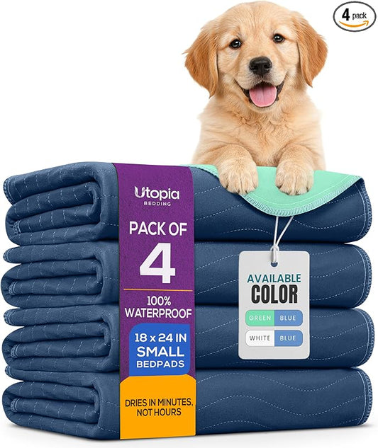 Utopia Bedding Washable Pee Pads for Dogs 18" x 24" (Pack of 4), Waterproof Incontinence Bed Pads for Adults, Elderly and Kids, Heavy Absorbency Pet Training Pads for Sofa and Couch (Navy, Green)