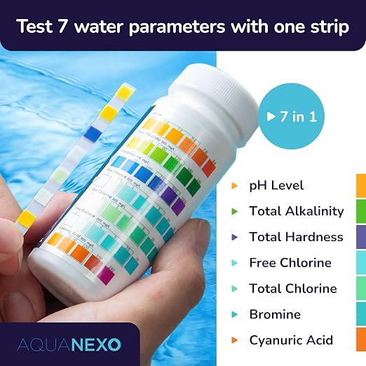 7 in 1 Pool & Spa Test Strips - 100 Strip Water Testing Kit for Swimming Pool, Hot Tub & Spa - Tests Free & Total Chlorine, Bromine, pH, Alkalinity, Hardness, Cyanuric Acid