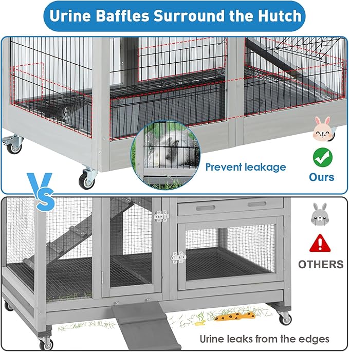 FunXplore 2-Tier Rabbit Cage & Bunny Hutch Indoor Outdoor, 4 Metal Wheels, Chew-Resistant Aluminum-Edged Frames & Ramps, Leak-Proof Trays, Easy Assembly, Spacious for Rabbits & Small Animals