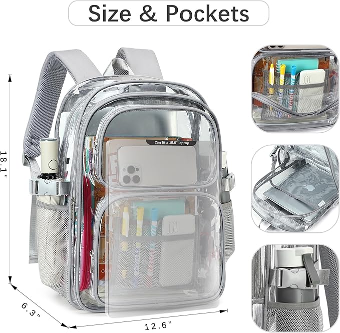 abshoo Large Heavy Duty Clear Backpack For School Bookbag Transparent Multi Pocket Backpacks (Grey)