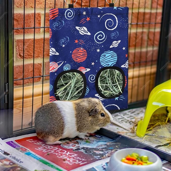 JarThenaAMCS 2 Pcs Rabbit Hay Feeder Bag with 2 Holes Guinea Pig Hanging Hay Feeding Bag Blue Galaxy Storage Dispenser for Chinchilla Hamster Bunny Small Animal Pet, 11.5 x 9 Inch