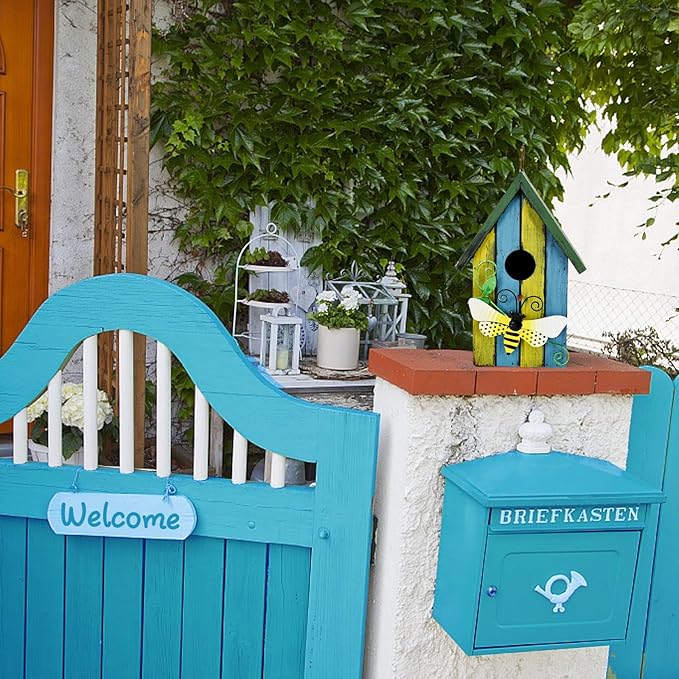 Wood Bird Houses for Outside, Hanging Bluebird House Nest Box Garden Patio Outdoor Decorative Bird Houses Vintage Rustic Wooden Birdhouse Bird Box Home for Finch Wren Chickadee Cardinals(Bee)