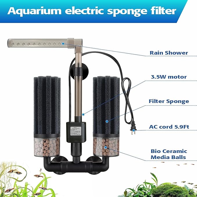 Electric Sponge Filter for Aquarium, Ultra Quiet Submersible Power Filter with Bio Media, Gentle Filtration for Shrimp, Betta,Nano and Fry Tanks