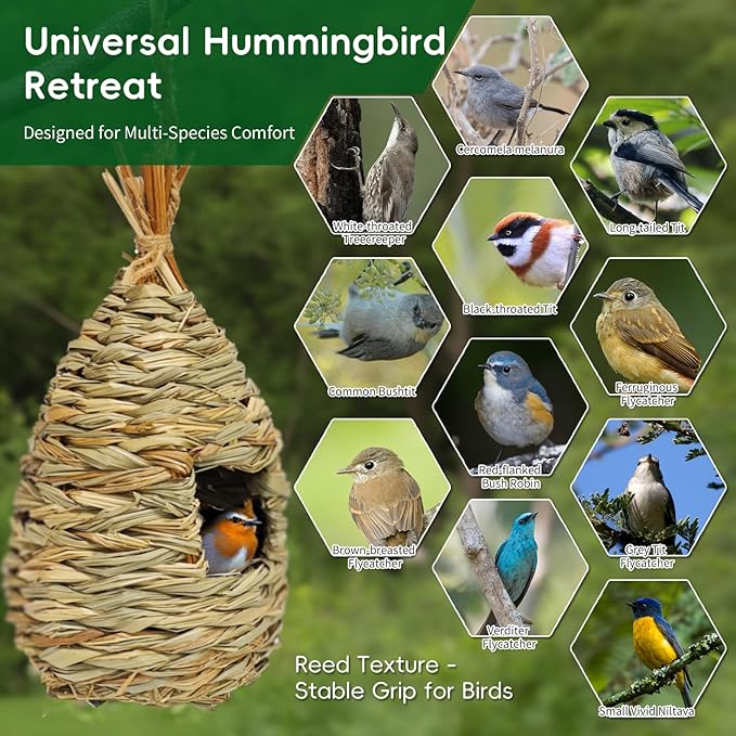 Gute Hummingbird Houses for Outside Hanging, Natural Grass Hanging Bird Hut, Hand Woven Bird Nest, Large Wren Finch Bird House for Garden Window Outdoor Home Decoration, 3 Pack