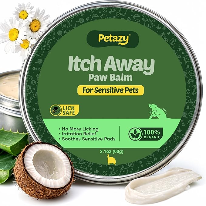 Petazy Dog Paw Balm – Itch Away Formula for Itchy, Dry, Craked & Irritated Paws | Lick-Safe, Natural Relief with Coconut Oil, Aloe Vera & Shea Butter | Paw & Nose Balm for Dogs & Cats, 2.1 oz
