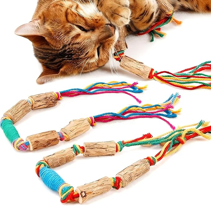 IUHKBH Silvervine Cat Toy, 2 Packs Colorful Chew Ropes with Silvervine Sticks and Refillable Natural Catnip Bag for Teeth Cleaning Safe Interactive Toy for Indoor Cat Kitten
