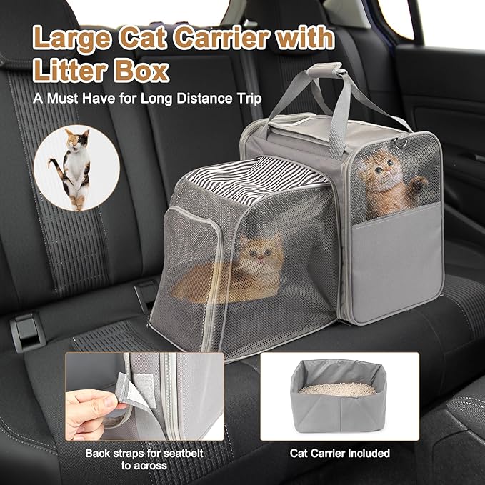 Expandable Cat Carrier with Portable Litter Box, Soft-Sided Pet Travel Carrier for Large Cats up to 20 lbs, Foldable Car Seat Crate for Long Distance Road Trips, Light Gray
