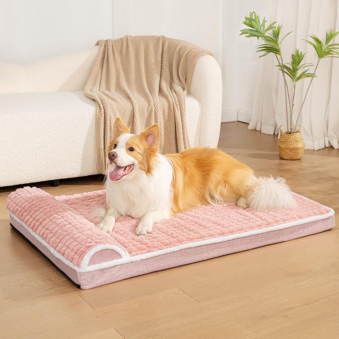 Orthopedic Dog Bed Large Sized Dog with Pillow 36''X24'', Waterproof Soft Comfortable Egg Crate Foam Pet Crate Beds Mat with Removable Washable Cover and Non-Slip Bottom, Pink