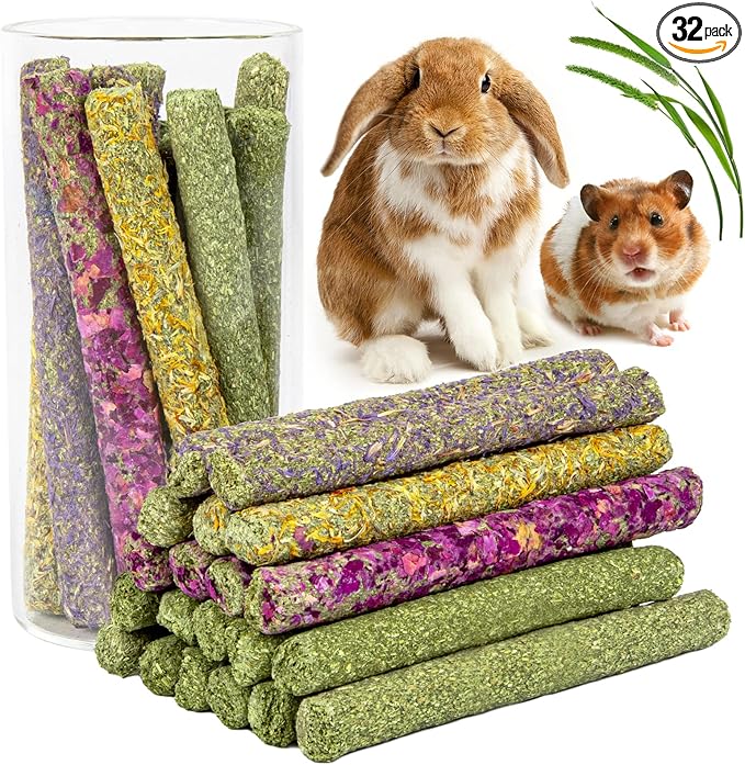 Sofier 32Pcs Timothy Hay Sticks 320g for Rabbit, Guinea Pig, Hamster - Natural Handmade Treats and Chews for Teeth - Chinchilla, Rat, Gerbil Toys