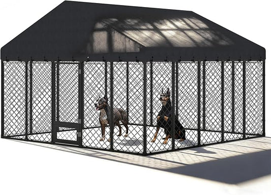10x10x6.4 FT Large Outdoor Dog Kennel with Roof, Heavy Duty Anti-Rust Metal Dog Enclosure Fence for All Weather Resistant, Secure Double Locks for Large Dogs Outsides