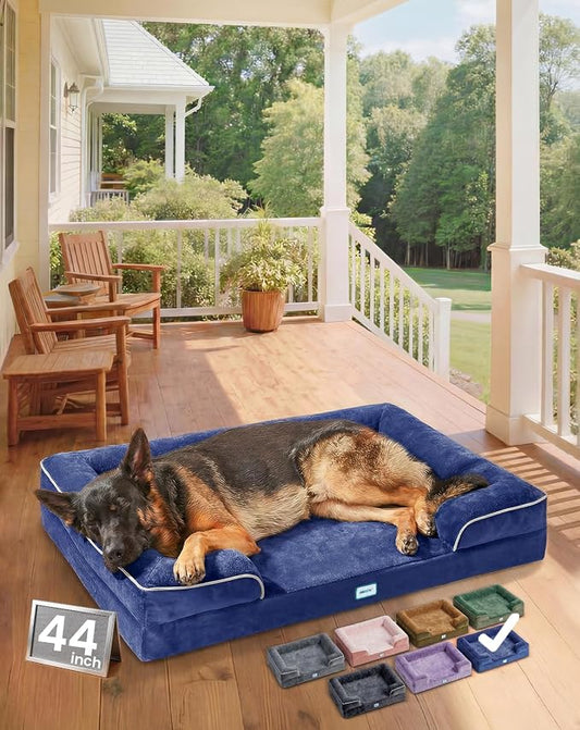 OhGeni Orthopedic Dog Bed Couch Big Cat Sofa for Extra Large Sized Pets with Memory Foam, Machine-Washable Waterproof Removable Cover, Soft Comfortable Fabric, 44-inch (Blue)