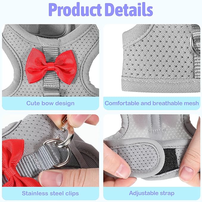 Bunny Leash and Harness Set, Breathable Rabbit Harness Vest, Adjustable Straps Design, Soft Mesh Harnesses for Puppies, Kitten, Guinea Pigs, Grey S